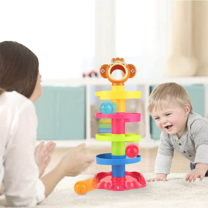 Rolling and Swirling Ramp Toy for Baby and Toddlers | 5 Layer Ball Drop Tower with 3 Colorful Plastic Rattle Balls | Stack-Drop-Roll Fun Toy - Color As Per Stock