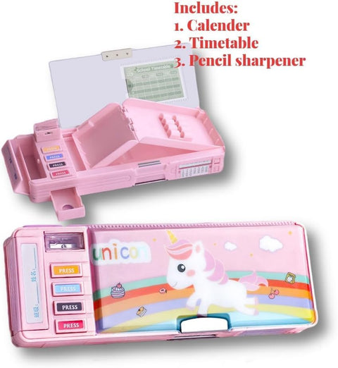 Cute Unicorn School Pencil Box For Girls - Multi Compartment Button Operated Unicorn Compass Box, Stationary Items- Pencil Case & Geometry Box For Kids, Multicolor