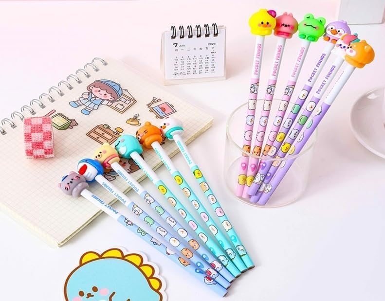 Cute Cartoon Animal Topper HB Pencil Set for Kids – 6 PCS Pastel Stationery Pack