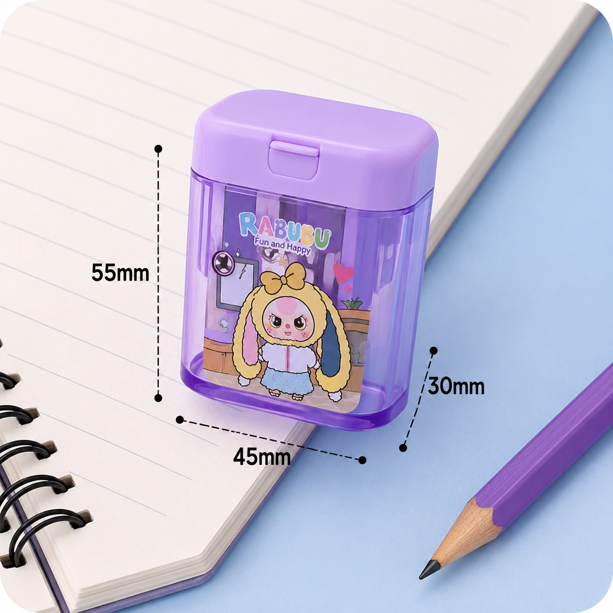 Cute Rabubu Pencil Sharpener for Kids – Double Hole Sharpener with Shavings Container