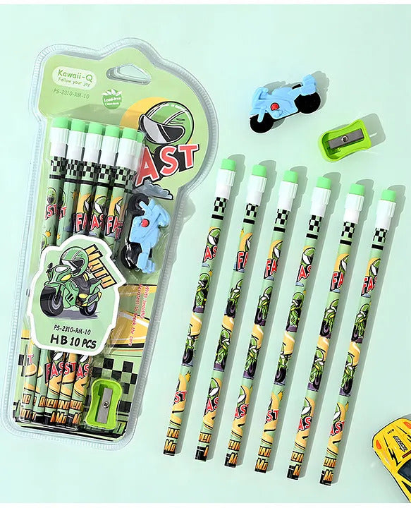 Fast Racing Bike HB Pencil Set – 10 PCS with 1 Eraser & 1 Sharpener