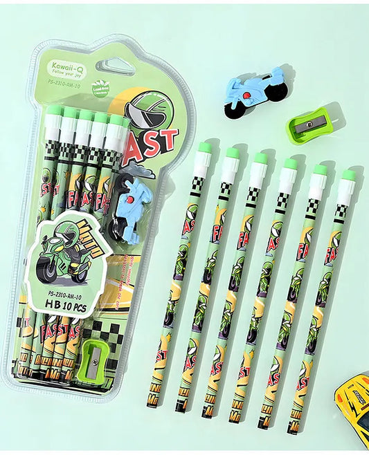 Fast Racing Bike HB Pencil Set – 10 PCS with 1 Eraser & 1 Sharpener