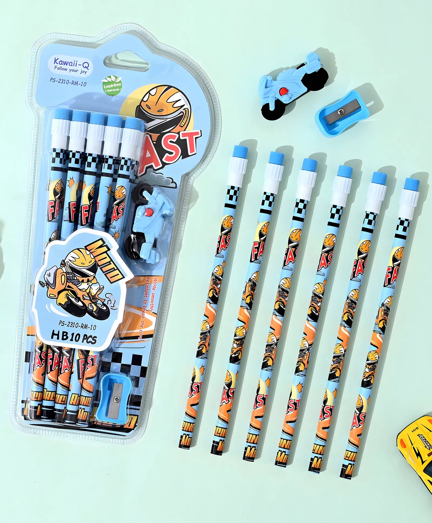 Fast Racing Bike HB Pencil Set – 10 PCS with 1 Eraser & 1 Sharpener