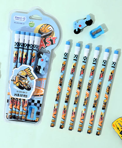 Fast Racing Bike HB Pencil Set – 10 PCS with 1 Eraser & 1 Sharpener