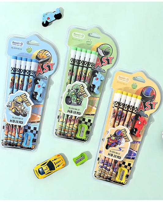 Fast Racing Bike HB Pencil Set – 10 PCS with 1 Eraser & 1 Sharpener