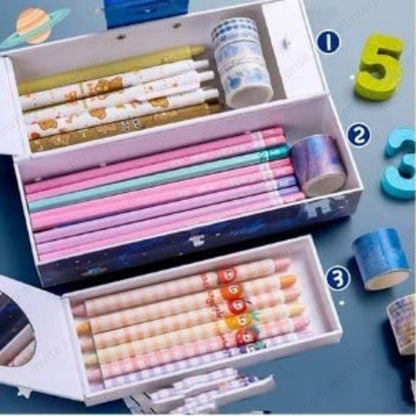 Space Pencil Box for Kids - Suitcase Style Password Lock Case, Multi-Layer Stationary Organizer, Return Gift