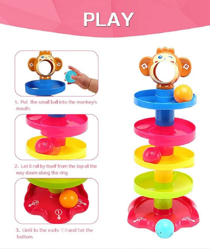 Rolling and Swirling Ramp Toy for Baby and Toddlers | 5 Layer Ball Drop Tower with 3 Colorful Plastic Rattle Balls | Stack-Drop-Roll Fun Toy - Color As Per Stock