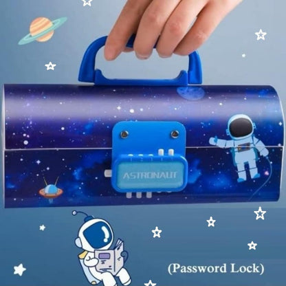 Space Pencil Box for Kids - Suitcase Style Password Lock Case, Multi-Layer Stationary Organizer, Return Gift