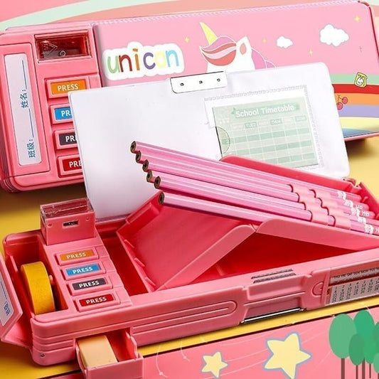Cute Unicorn School Pencil Box For Girls - Multi Compartment Button Operated Unicorn Compass Box, Stationary Items- Pencil Case & Geometry Box For Kids, Multicolor