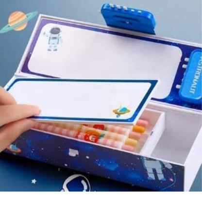 Space Pencil Box for Kids - Suitcase Style Password Lock Case, Multi-Layer Stationary Organizer, Return Gift