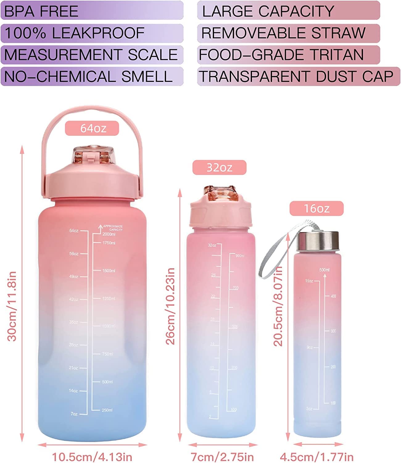 Motivational Water Bottle Set of 3 with Time Marker, Leakproof Durable Non-Toxic Sipper Water bottle for office, School