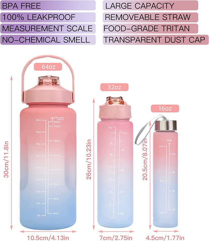 Motivational Water Bottle Set of 3 with Time Marker, Leakproof Durable Non-Toxic Sipper Water bottle for office, School