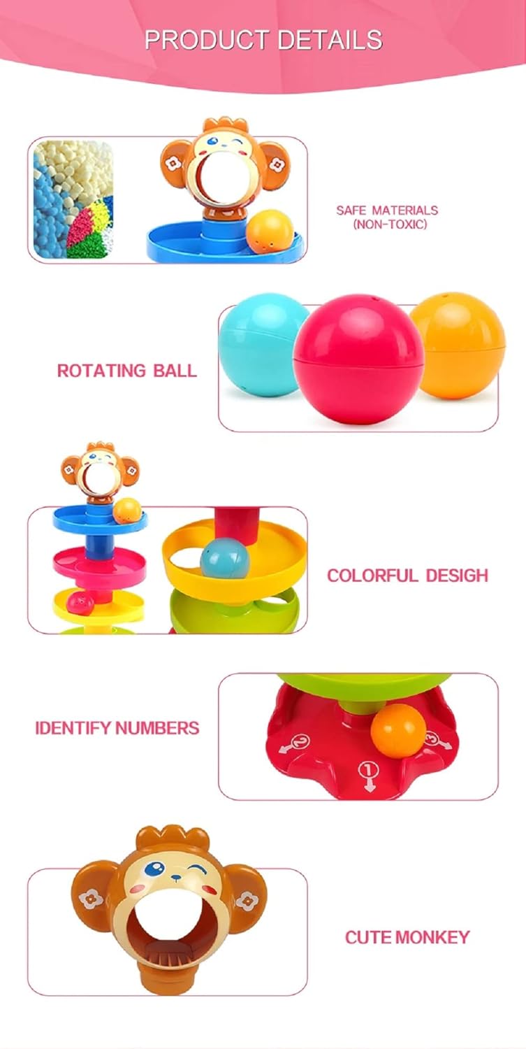 Rolling and Swirling Ramp Toy for Baby and Toddlers | 5 Layer Ball Drop Tower with 3 Colorful Plastic Rattle Balls | Stack-Drop-Roll Fun Toy - Color As Per Stock