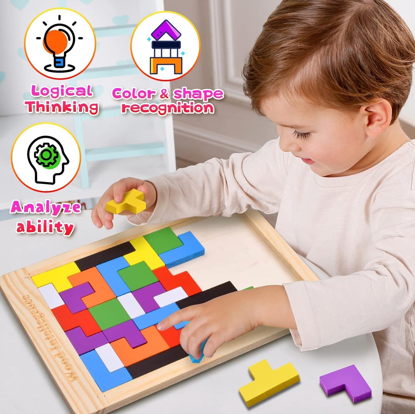 Wooden Russian Blocks Puzzles for Kids and Adults - 40 Pcs With Storage Bag, Intelligence Brain Teasers for Ages 3-8, Educational Toy Gift