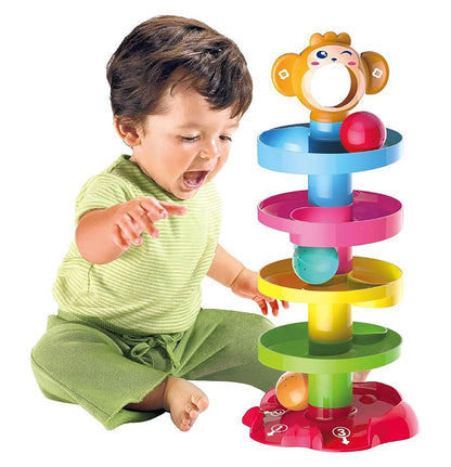 Rolling and Swirling Ramp Toy for Baby and Toddlers | 5 Layer Ball Drop Tower with 3 Colorful Plastic Rattle Balls | Stack-Drop-Roll Fun Toy - Color As Per Stock