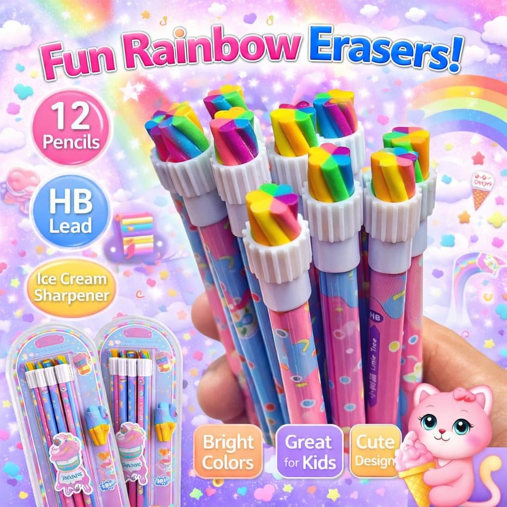 Sweet Time Rainbow HB Pencil Set – 12 PCS Cute Ice Cream Theme Pencils