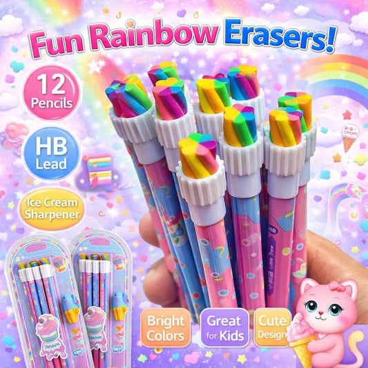 Sweet Time Rainbow HB Pencil Set – 12 PCS Cute Ice Cream Theme Pencils