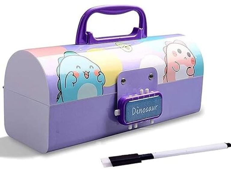 Unicorn Suitcase Style Pencil Box With Lock Password (Dinosaur- purple)