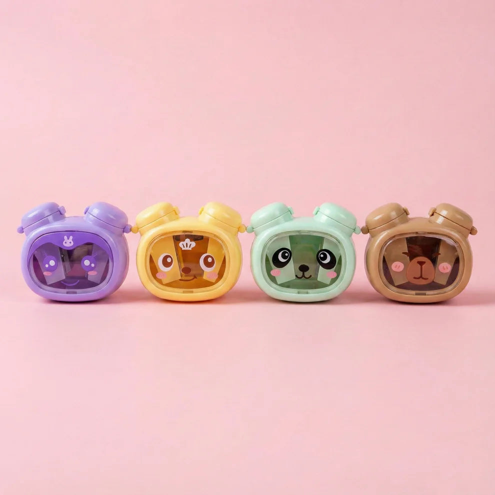 Cute Cartoon Alarm Clock Dual Hole Pencil Sharpener with Storage Box for Kids
