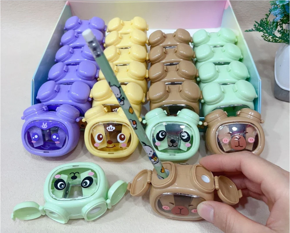 Cute Cartoon Alarm Clock Dual Hole Pencil Sharpener with Storage Box for Kids