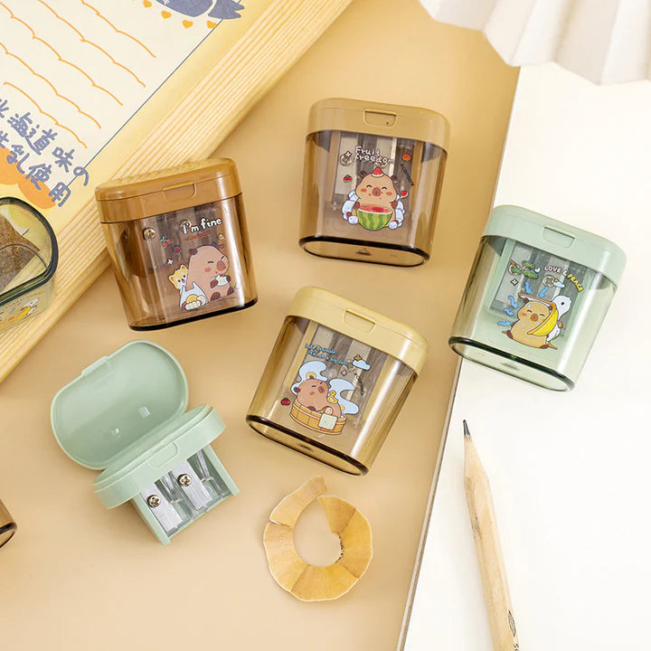 Cute Capybara Pencil Sharpener for Kids – Double Hole Sharpener with Shavings Container