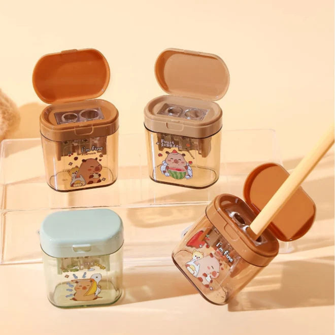 Cute Capybara Pencil Sharpener for Kids – Double Hole Sharpener with Shavings Container