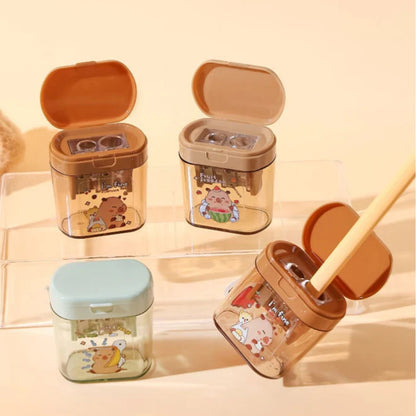Cute Capybara Pencil Sharpener for Kids – Double Hole Sharpener with Shavings Container