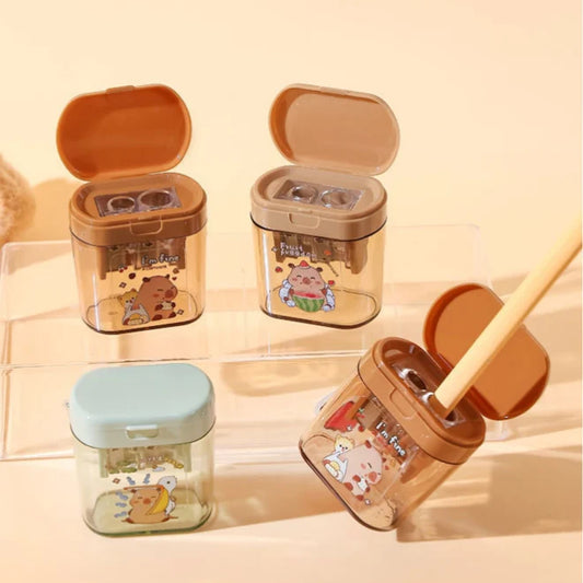 Cute Capybara Pencil Sharpener for Kids – Double Hole Sharpener with Shavings Container