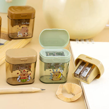 Cute Capybara Pencil Sharpener for Kids – Double Hole Sharpener with Shavings Container