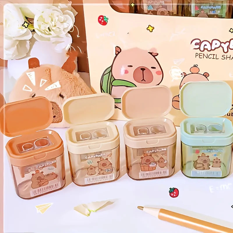 Cute Capybara Pencil Sharpener for Kids – Double Hole Sharpener with Shavings Container