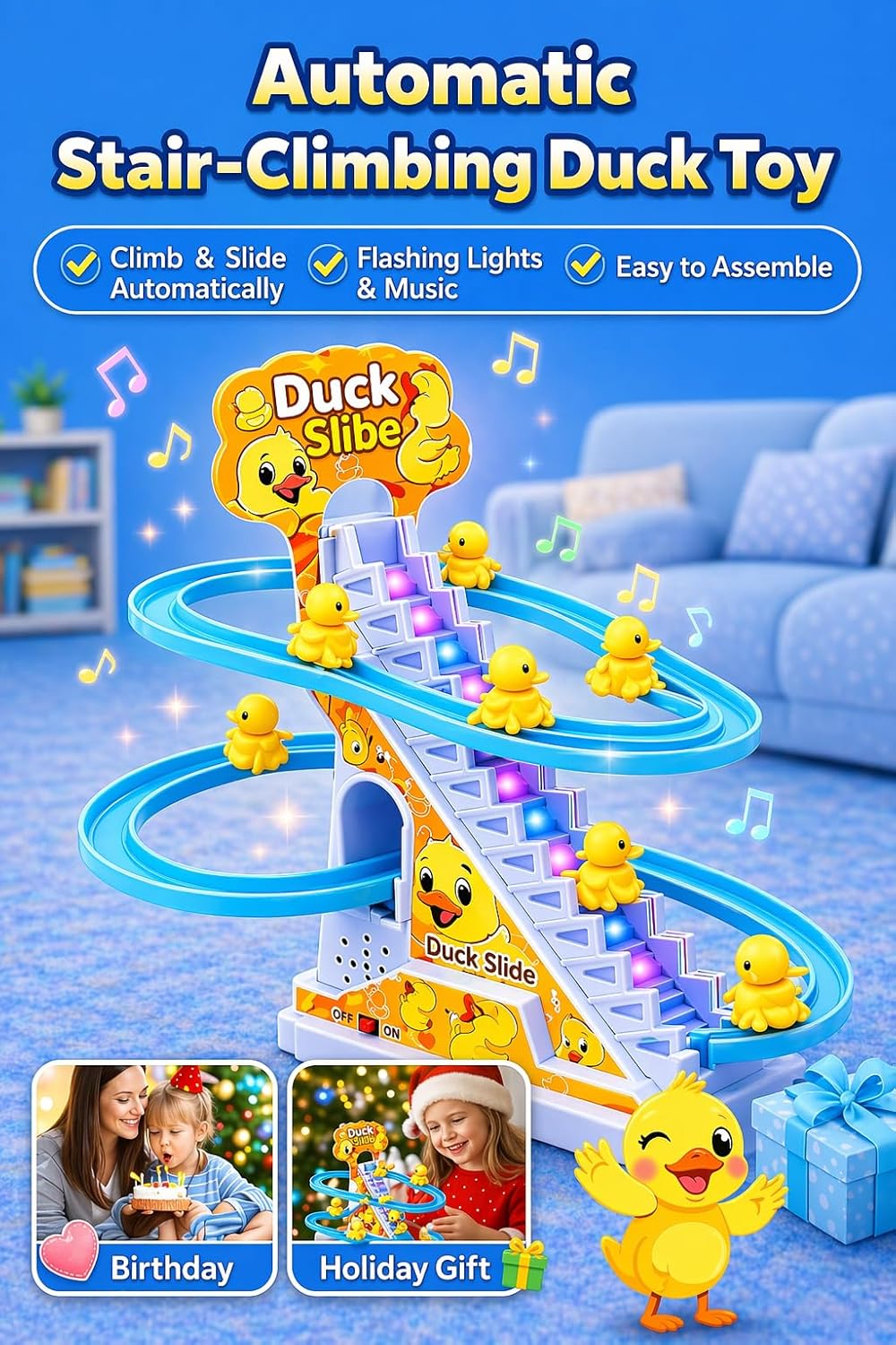 Duck Slide Climbing Stairs Toy with Music & LED Lights – Electric Duck Track Set for Kids