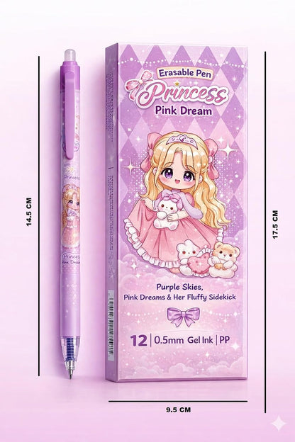 Pink Dream Princess Pen Set – Smooth 0.5mm Erasable Cute Kawaii Gel Pens 12 pcs