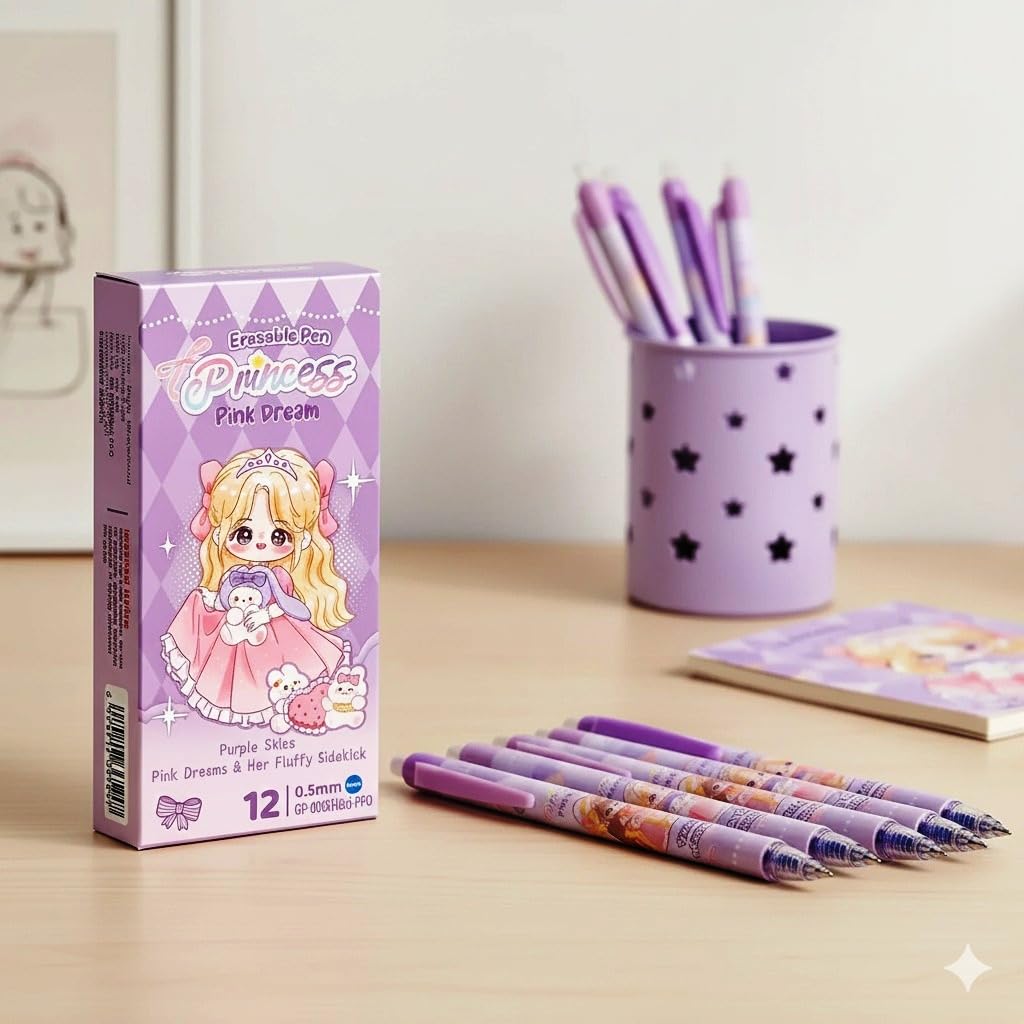 Pink Dream Princess Pen Set – Smooth 0.5mm Erasable Cute Kawaii Gel Pens 12 pcs