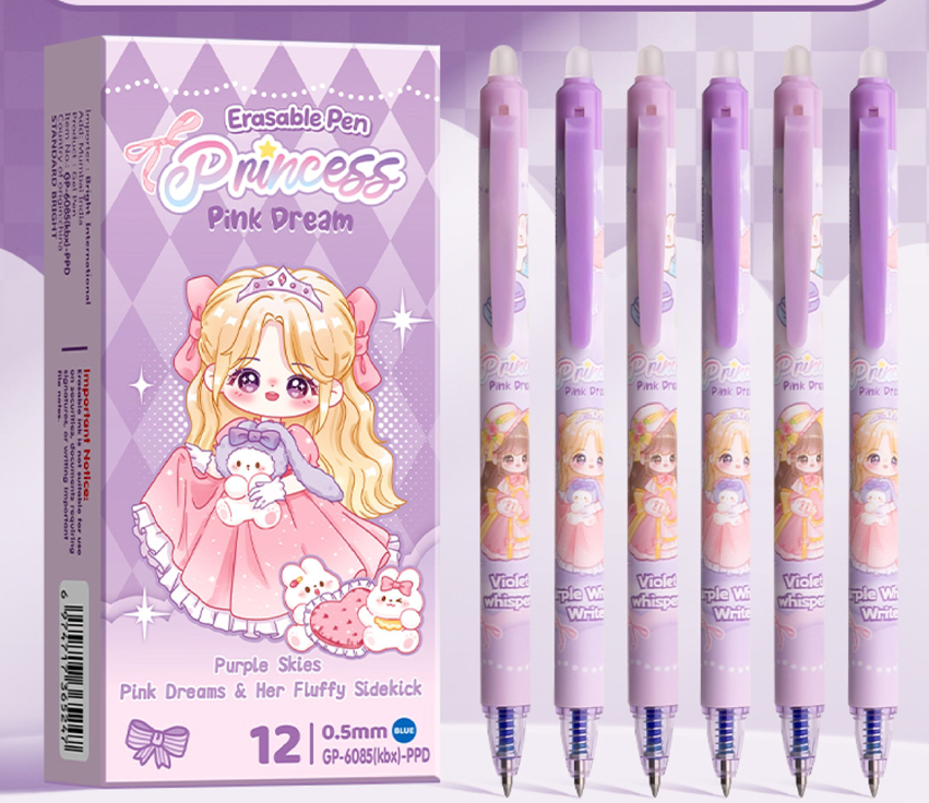 Pink Dream Princess Pen Set – Smooth 0.5mm Erasable Cute Kawaii Gel Pens 12 pcs