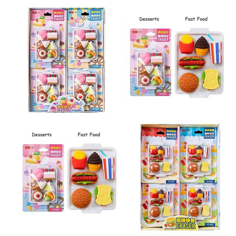Cute Kawaii Food Eraser Set for Kids – Dessert & Fast Food Theme (6 pcs)