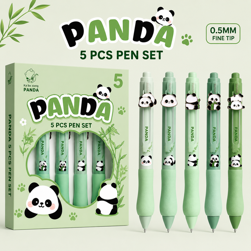 Panda Pen Set 0.5 mm 5 pcs Kawaii Ball Pen Set for Kids