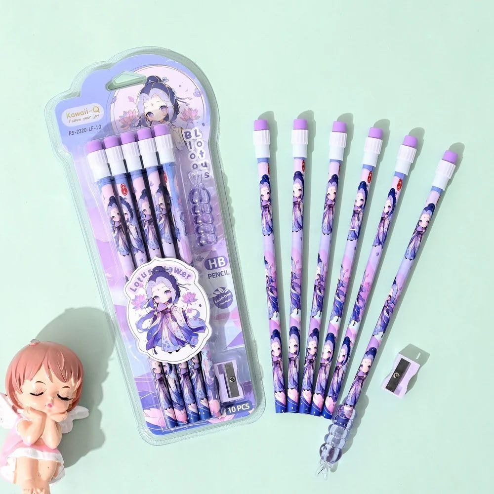 Lotus Flower HB Pencil Set for Kids – 10 Pcs Cute Writing Pencils with Eraser Cap & Sharpener