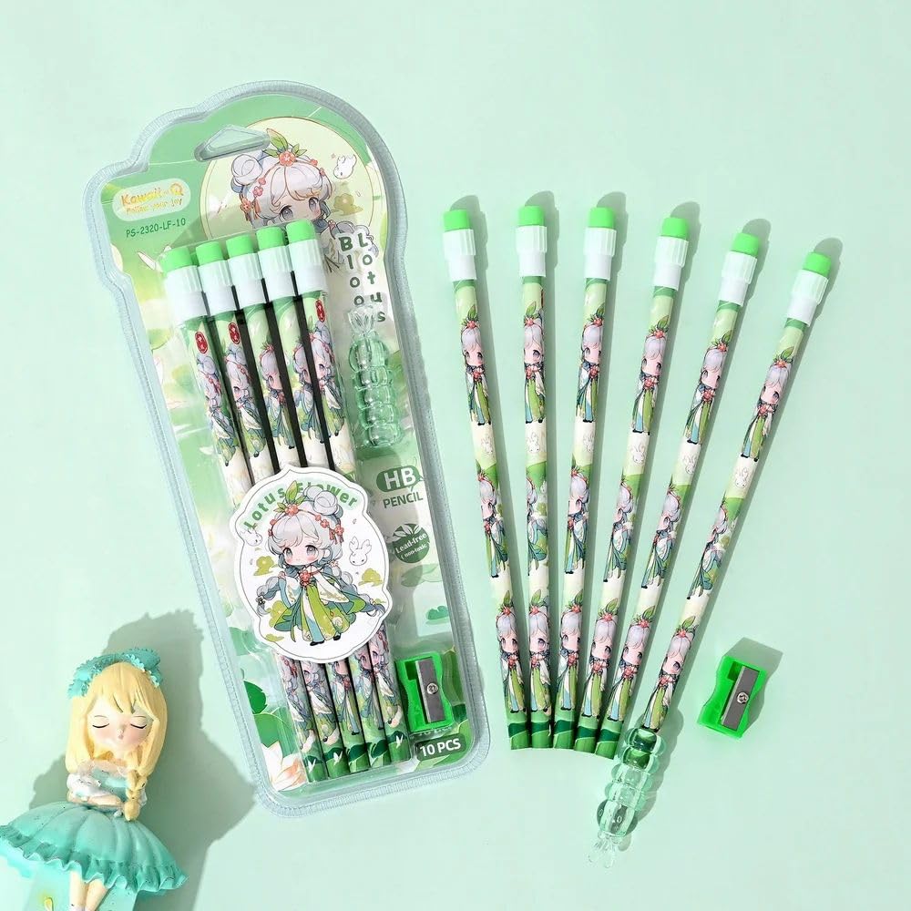 Lotus Flower HB Pencil Set for Kids – 10 Pcs Cute Writing Pencils with Eraser Cap & Sharpener
