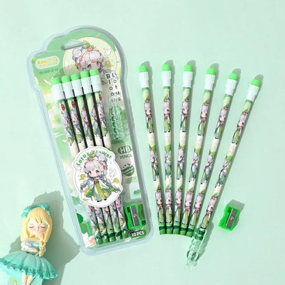 Lotus Flower HB Pencil Set for Kids – 10 Pcs Cute Writing Pencils with Eraser Cap & Sharpener