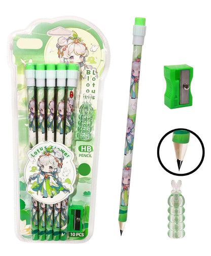 Lotus Flower HB Pencil Set for Kids – 10 Pcs Cute Writing Pencils with Eraser Cap & Sharpener