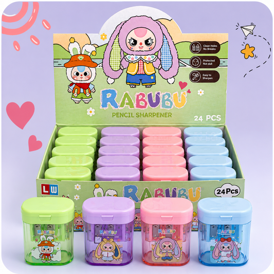 Cute Rabubu Pencil Sharpener for Kids – Double Hole Sharpener with Shavings Container
