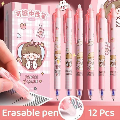 Cute Erasable Gel Pens Set – 0.5mm Blue Ink Kawaii Cartoon Pens for School & Journaling