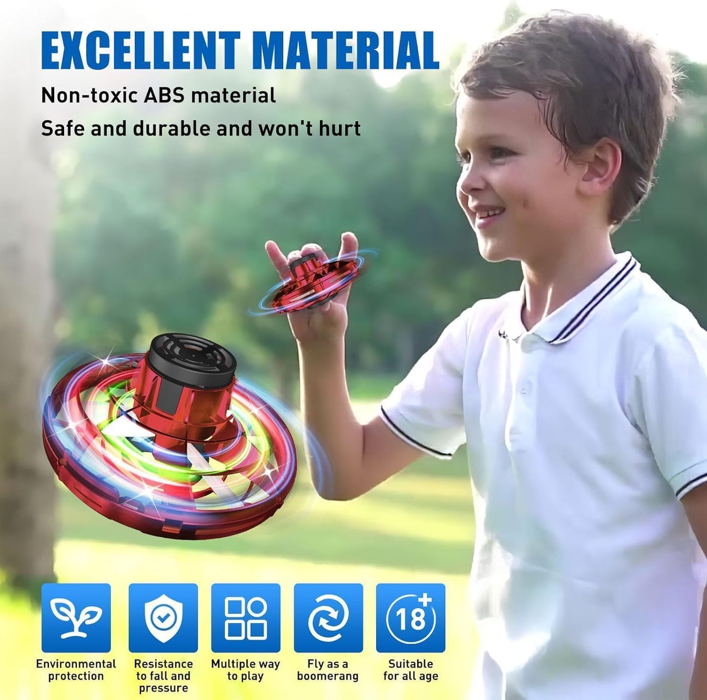 Rechargeable Flying Spinner UFO Toy with RGB LED Lights, Hand Controlled Boomerang Drone for Kids (Multicolor)