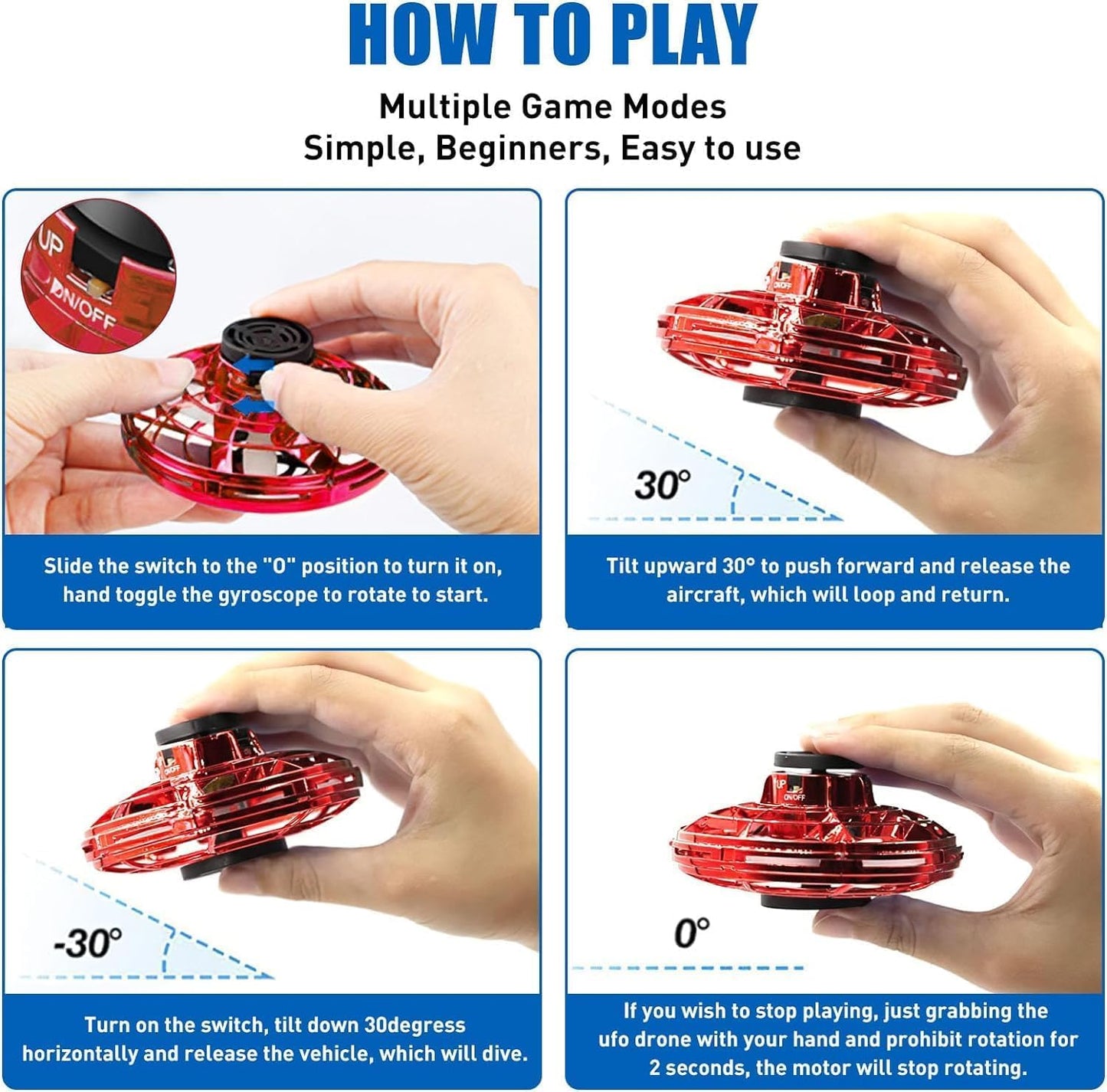 Rechargeable Flying Spinner UFO Toy with RGB LED Lights, Hand Controlled Boomerang Drone for Kids (Multicolor)